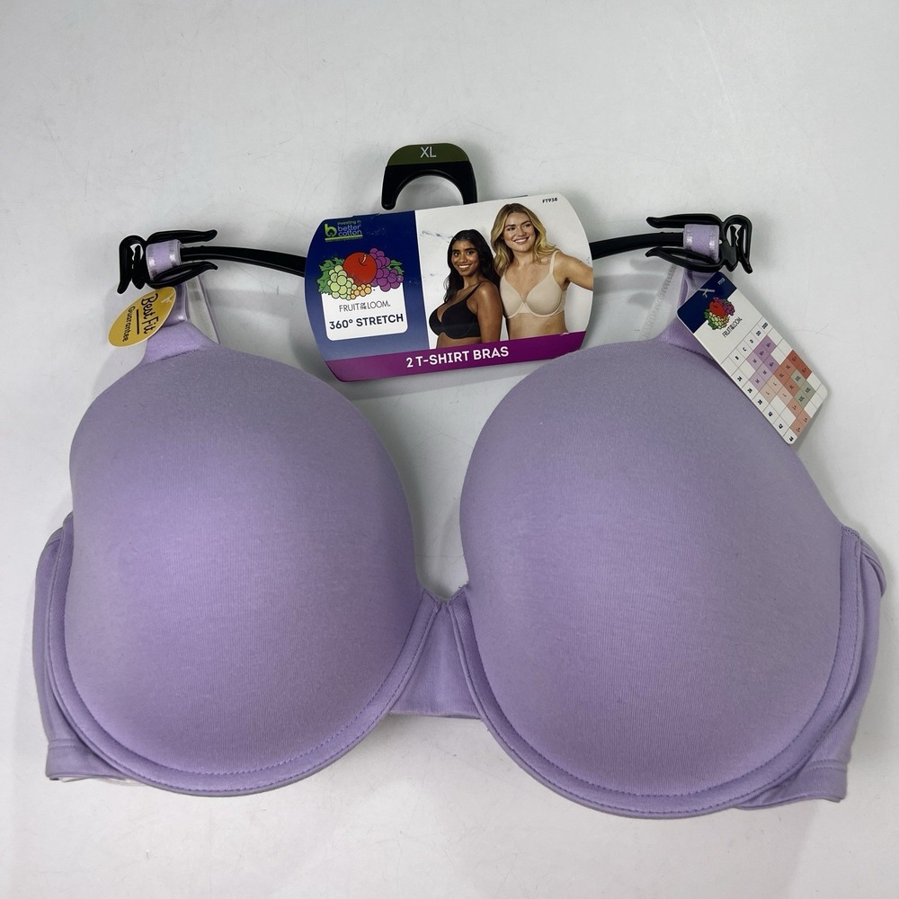 Fruit Of The Loom 2 T Shirt Bras Sz XL Purple White 360 Stretch Comfort Cotton